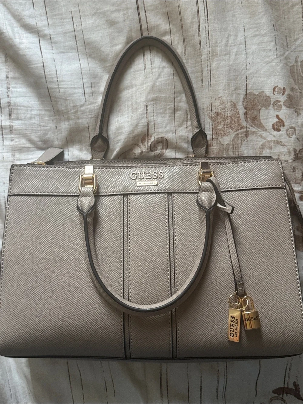 GUESS Taupe Saffiano Structured Top-Handle Satchel with Gold Hardware